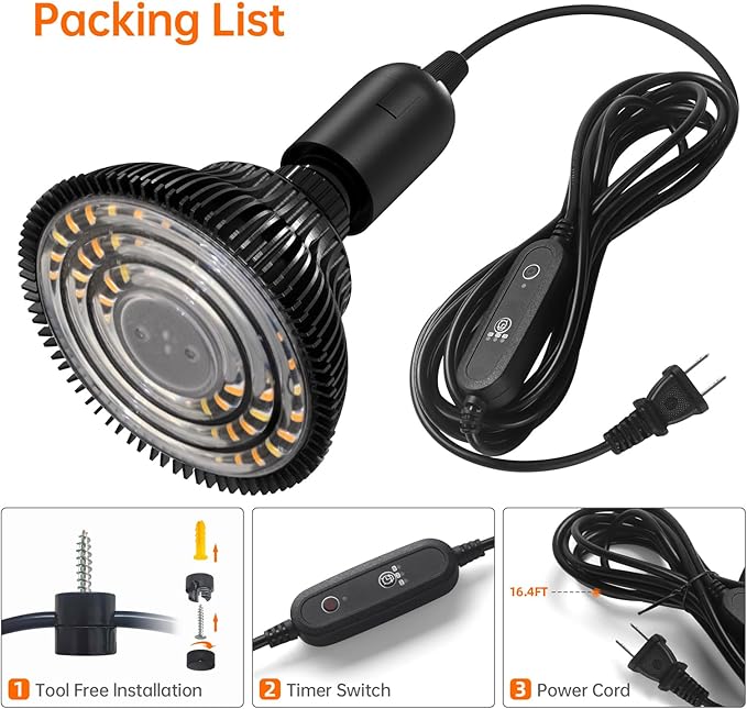 Hanging Grow Light for Indoor Plants Full Spectrum, Black Plant Bulb with Optical Lens for Enhanced PPFD, Pendant Grow Light with Timer, 16.4 FT Power Cord, Perfect for Tall Plants and Flowers