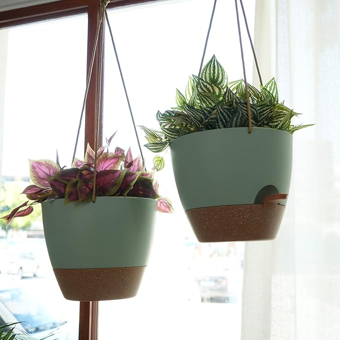 8 inch Hanging Planters, 2 Pack Self Watering Hanging Pots with 20oZ Deep Reservoir for Indoor Outdoor Plants Flowers, Green with Brown