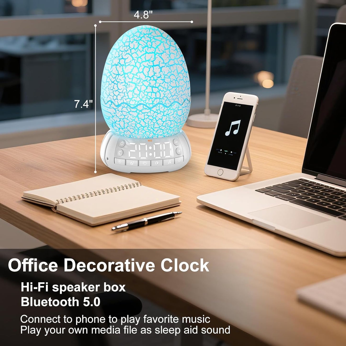 Dinosaur Alarm Clock with Wake Up Light, Digital Clock on Desk + 8 Colors Night Light + 20 Sleep Training Sound + Bluetooth Speaker All in 1 for Kids/Boys/Girls/Adult (Dinosaur)