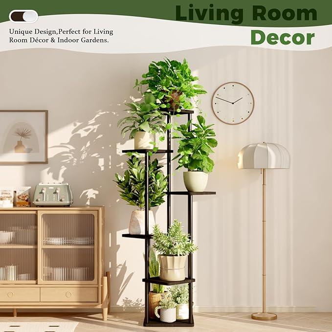 6 Tiered Plant Stand Indoor Corner Plant Shelf for Multiple Plants for Patio Garden Balcony Living Room Bedroom, Tall Metal Flower Pots Stand Relaxing for Women Gift Black Oak