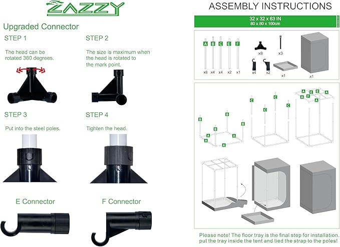 zazzy Grow Tent 32"x32"x63", High Reflective Mylar Grow Room with Observation Window, Removable Floor Tray and Tool Bag for Planting Indoor Fruit Flower Veg 3'X3'