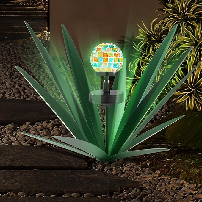 Enlarge Metal Plants Tequila Rustic Sculpture, Outdoor Patio Yard, Home Decor Hand Painted Agave Garden Statue, Outdoor Lawn Ornaments Yard Stakes for Mom Gift (1 Solar Green)