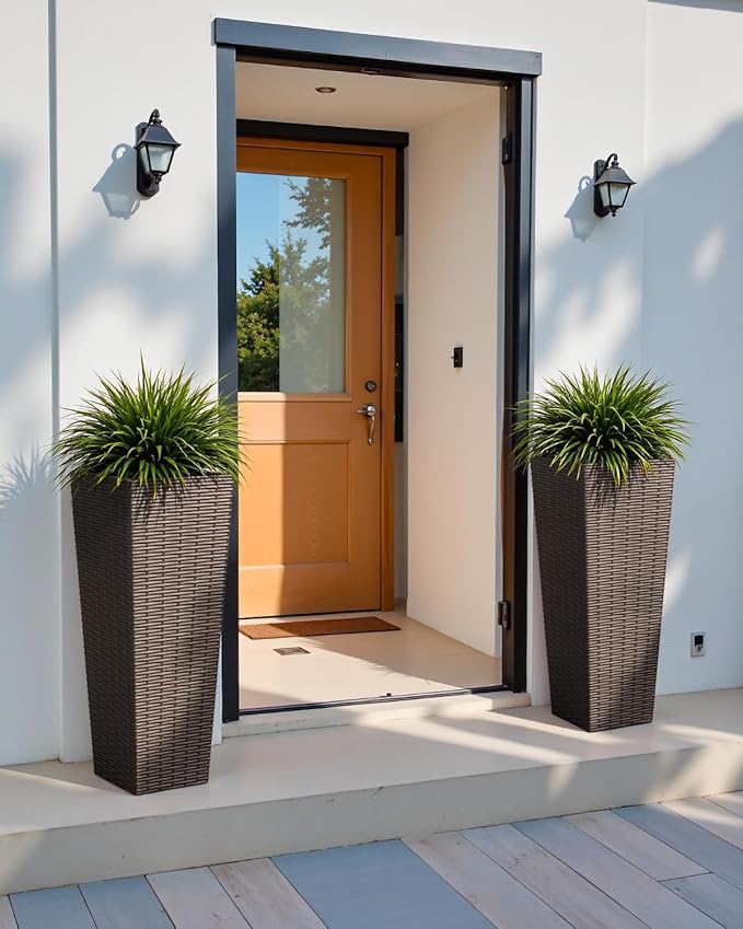 Greesum 32 Inch Tall Plastic Planters with Rattan Texture – Set of 2, Detachable Inner Pot & Drainage Holes, Indoor/Outdoor Decorative Flower Pots for Large Plants, Trees, Patio, and Garden, Brown