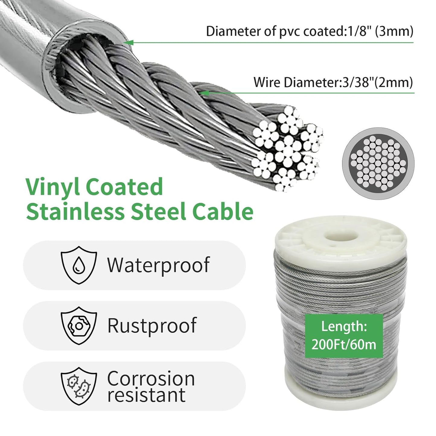 1/8" Wire Cable Rope Kit ,Vinyl Coated 304 Stainless Steel Wire – 200FT 7x7 Strand Cable with Turnbuckles,Shade Sail & Hanging Lights Hardware Kit for Outdoor, Garden,Patio, Crafts,