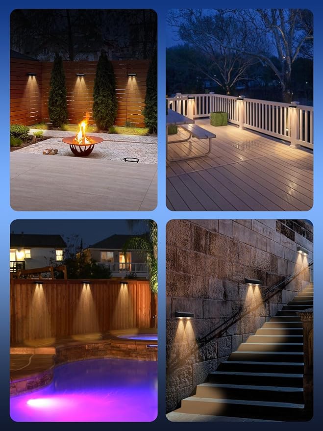 Solar Fence Lights 12 Pack, RGB Fence Solar Lights Outdoor Waterproof Led, 12 Modes Color Changing Outside Lightings Decor for Wall Railing Patio Deck Backyard Garden Pool