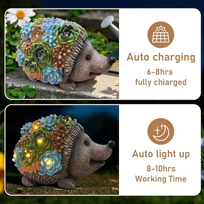 J.CARP Outdoor Solar Garden Hedgehog Statue with Succulents and 7 LED Lights, Decorations for Garden, Patio, Lawn, Outdoor Yard and Deck, Unique Housewarming Gifts