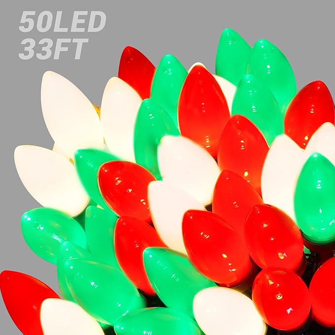 HAYATA C9 Bulbs Christmas Lights 50 LED 36ft Strawberry String Light Red&White&Green - Fairy Lighting for Outdoor, Indoor, Garden, Yard, Party, Home, Wreath, Garland, Christmas Tree Decorations