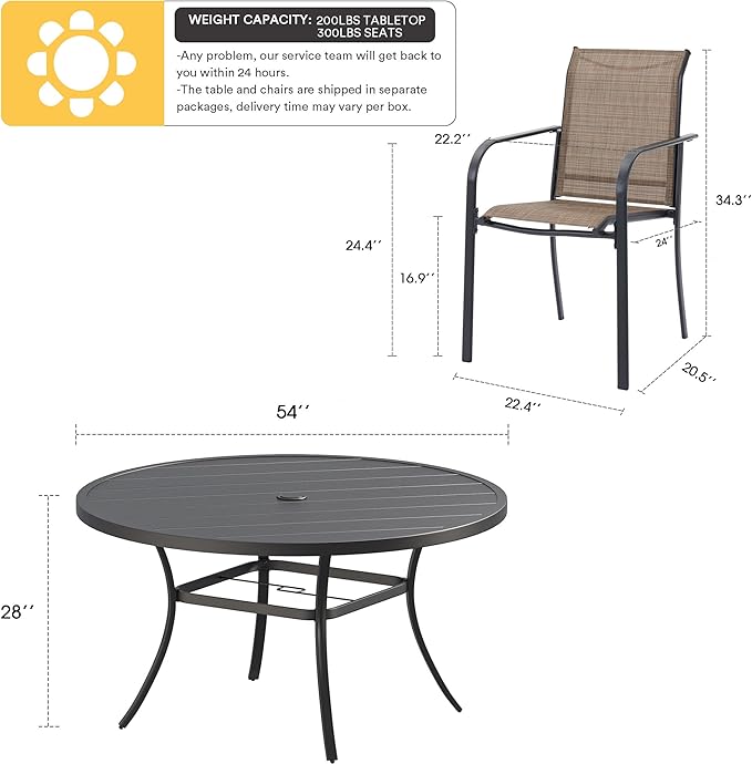 VICLLAX Patio Dining Set for 8, Outdoor Furniture Set Includes 53" Round Patio Table and 8 Patio Sling Chairs, Black Tabletop and Brown Fabric