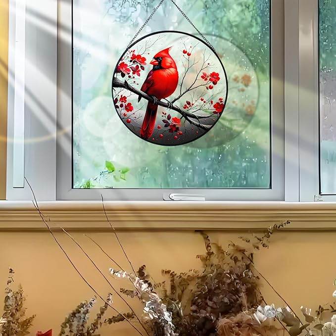 RIVEENY Cardinal Stained Glass Window Hanging,Cardinal Stained Glass Suncatcher,8" Window Suncatcher Hanging Ornaments Wall Art, Hand-Painted Glass Panel Home Decor for Mom Grandma