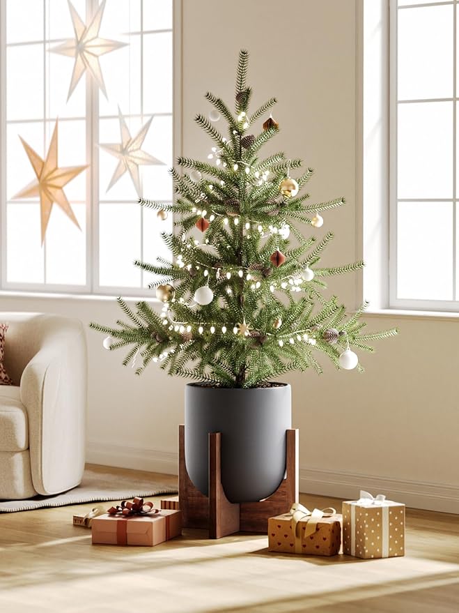 LE TAUCI 12 Inch Pots for Plants with Acacia Wood Stand, Ceramic Large Planters for Indoor Plants, Indoor Plant Pots for Office Living Room, Pots for Plants with Drainage Hole and Plug, Charcoal Gray