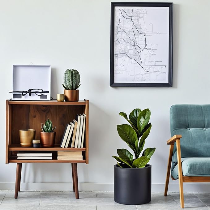 Fox & Fern Large 12 Inch Black Plant Pot — Premium Lightweight Fiberstone Matte Black Planter w Drainage Plug; Large Indoor & Outdoor Planter; 12 Inch Pots for Plants; Weather Resistant & UV Resistant