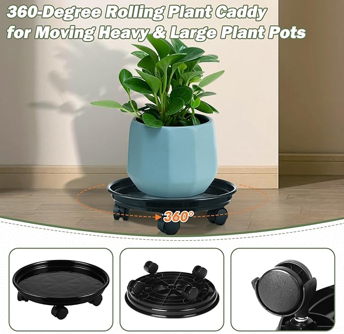 6 Packs Plastic Plant Caddy with Casters 12” Plant Dolly Heavy Duty Rolling Plant Stand with Wheels for Indoor and Outdoor Large Heavy Plant Pot Rollers, Black and Grey