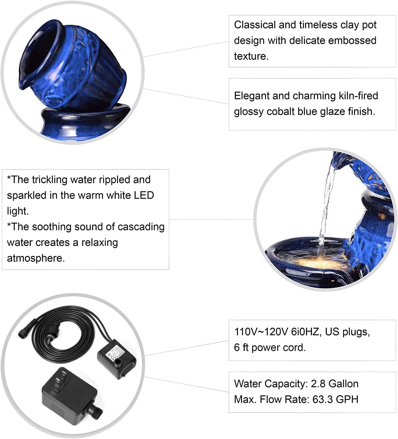 Glitzhome 27.25" H Outdoor Garden Water Fountain with LED Lights and Pump, 4 Tier Cobalt Blue Embossed Pattern Ceramic Pots Cascading Floor Standing Fountain for Porch Deck Patio Backyard Decoration