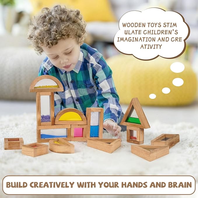 AXEARTE Large Rainbow Sensory Toys Wooden Building Blocks for Toddlers Baby Kids, 16 Pcs Colorful Geometry Stacking Construction Toy Set, Preschool Educational Toy for Boys & Girls