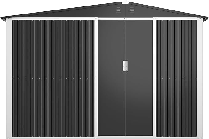 Metal Outdoor Storage Shed 10FT x 6FT with Firewood Storage, Steel Utility Tool Shed Storage House with Sliding Door, Metal Sheds Outdoor Storage for Backyard Garden Patio Lawn, Black