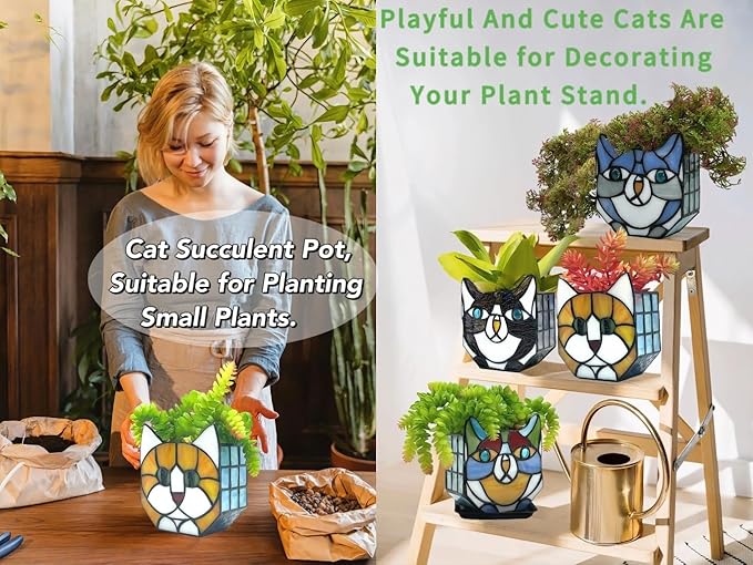 Tiffany Style Orange Cat Stained Glass Flower Pots,Indoor Plant Display, Orange Cat Small Pots for Plants, Gift for Cat Lovers,4.6x5.15x2.3 in (Excluding Plants)