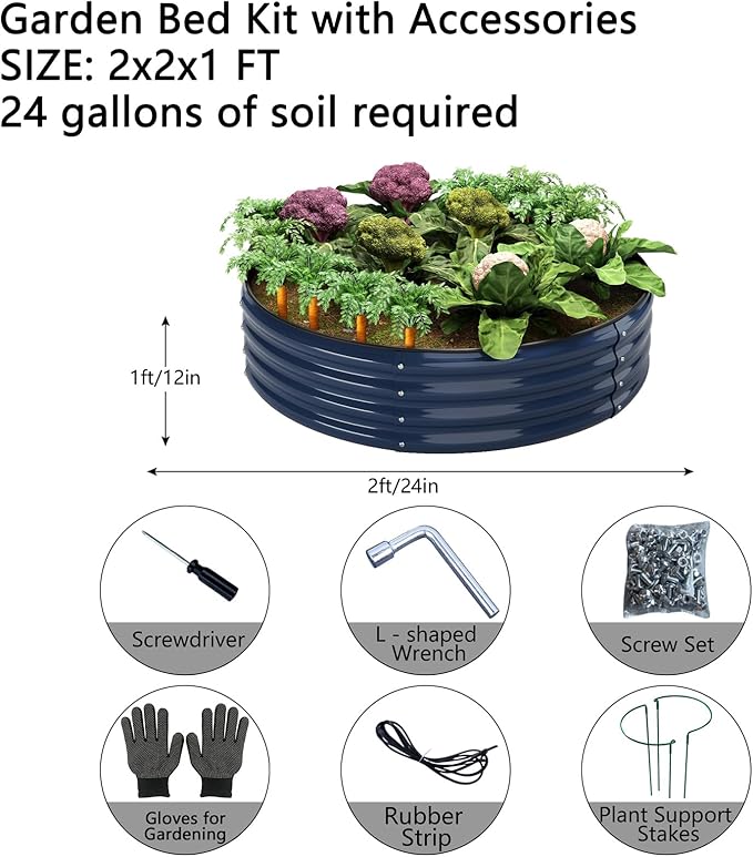 Galvanized Metal Planter Round Raised Garden Bed Kit for Gardening Outdoor,2x2x1ft Grow Garden Box Raised Flower Bed,Round Galvanized Planter Outdoor Metal Fire Pit Ring