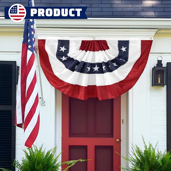 2x4 Ft American Pleated Fan Flag USA Bunting 4th of July Flags Decor Outside Porch Garden Banner Embroidered Patriotic Stars & Sewn Stripes Canvas Header Brass Grommets