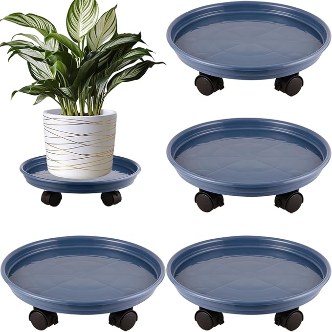 4 Packs Plastic Plant Caddy with Wheels 11.8" Plastic Rolling Plant Stands Heavy-Duty Plant Dolly with Casters Indoor and Outdoor Plant Roller Base Wheels, Blue