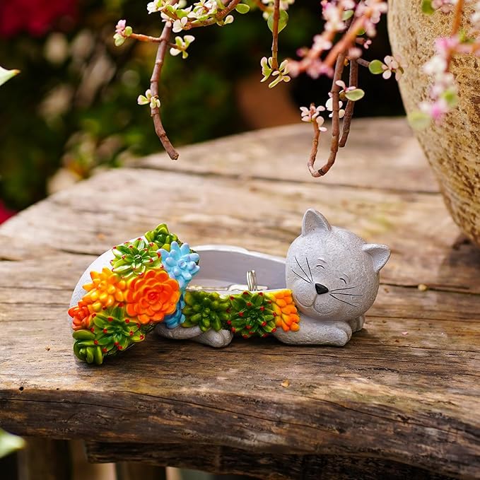 Outdoor Cat Key Hider Statue - Cute Succulent Cat Hide a Key Outdoor Decorative - Small Gift Box for Women, Home Decor & Cat Gifts (Cat)