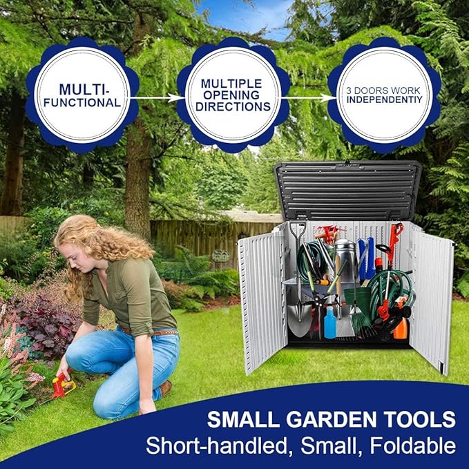 KINYING Outdoor Storage Shed - Horizontal Storage Box Waterproof for Garden, Patios, Backyards, Multi-Opening Door for Easy Storage of Bike, Garbage Cans, Tools, Lawn Mower, Off-White, 26 Cubic Feet