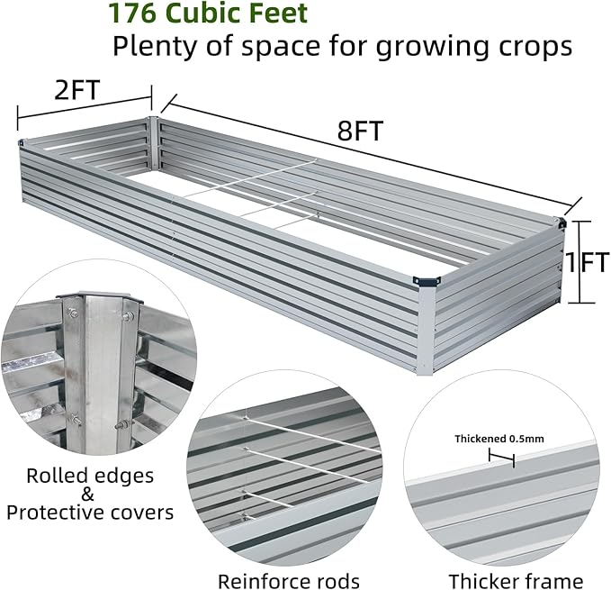 2 Pack 8x2x1FT Galvanized Raised Garden Beds Kit Outdoor Metal Gardening Planter Box for Vegetable Elevated Flower Herbs,Silver