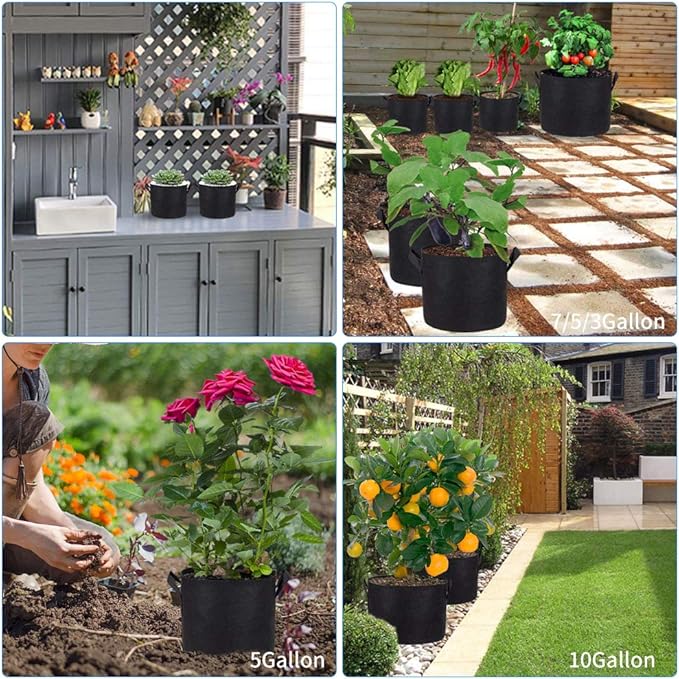 ANGELIOX 6 Pack 10 Gallon Plant Grow Bags, Heavy Duty Nonwoven Fabric Pots Thickened Container with Sturdy Reinforced Handles for Indoor Outdoor Garden Plants Flower Vegetable (6Pcs-10 Gallon)