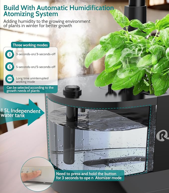 Misting 11 Pods Hydroponic Growing System Herb Garden Kit Indoor, 4L + 1.5L Large Tank Plant Germination Kit with Adjustable Height Grow Light to 18", Quiet Pump, Auto Timer, Gardening Christmas Gifts