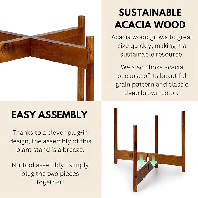 Fox & Fern Mid Century Plant Stand — 14.9 Inch Fixed Size Wooden Plant Stand for Indoor Planters; Extra Large Flower Pot Holder for Indoor Big Pots; Plug In Design; Two Height Options - Acacia