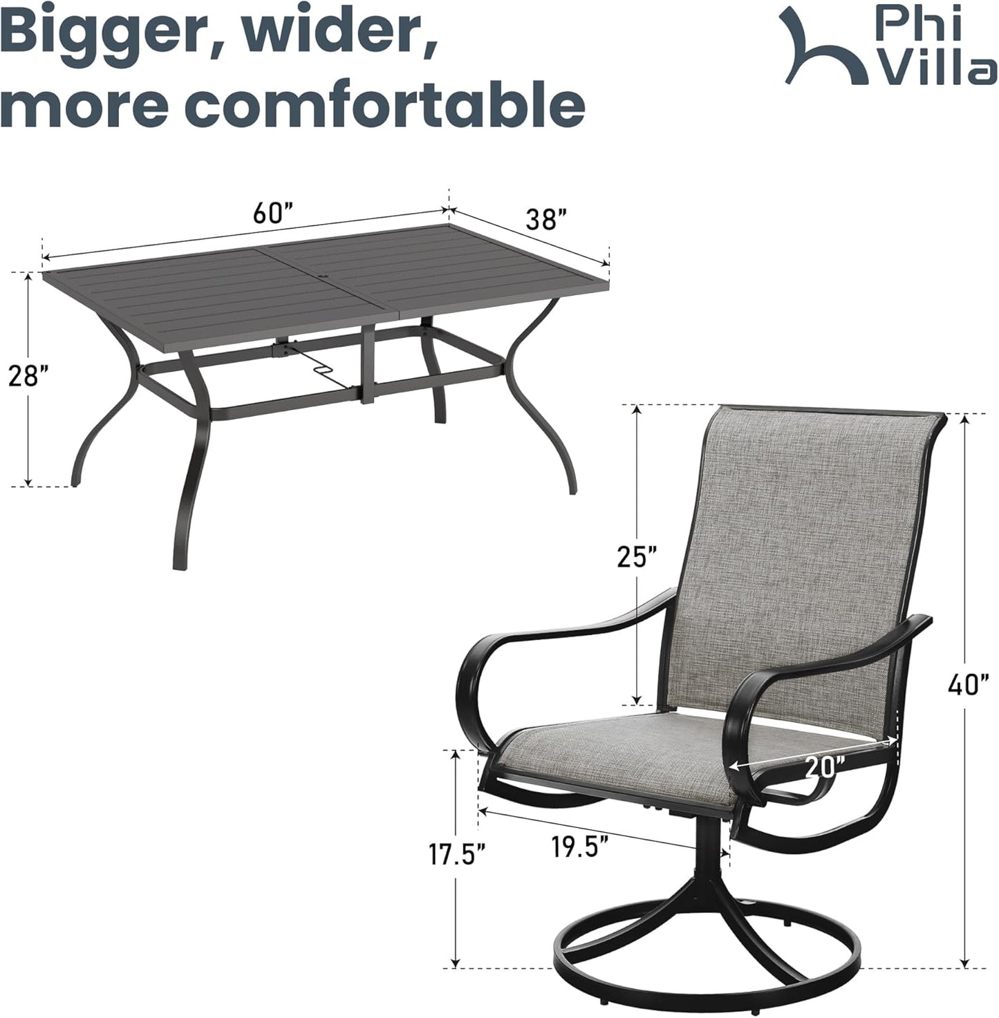 PHI VILLA 7 PCS Patio Dining Set, Rectangle Metal Table with 1.57" Umbrella Hole and 6 High Back Textilene Swivel Chairs, Suitable for All Weather