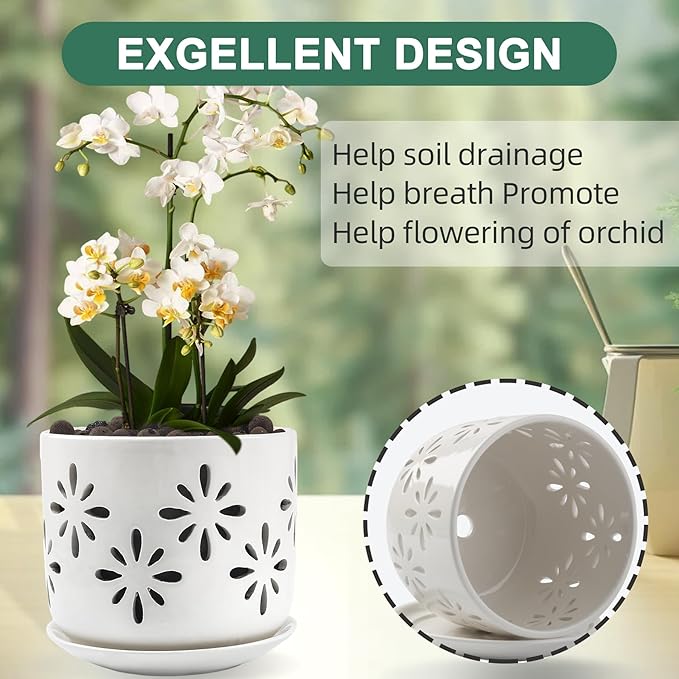 Orchid Pots with Holes, 5+6 Inch Orchid Pots with Drainage Holes and Tray, Effective Drainage and Ventilation to Assist New Plants or Repotting, Indoor/Outdoor Flower Pots -White