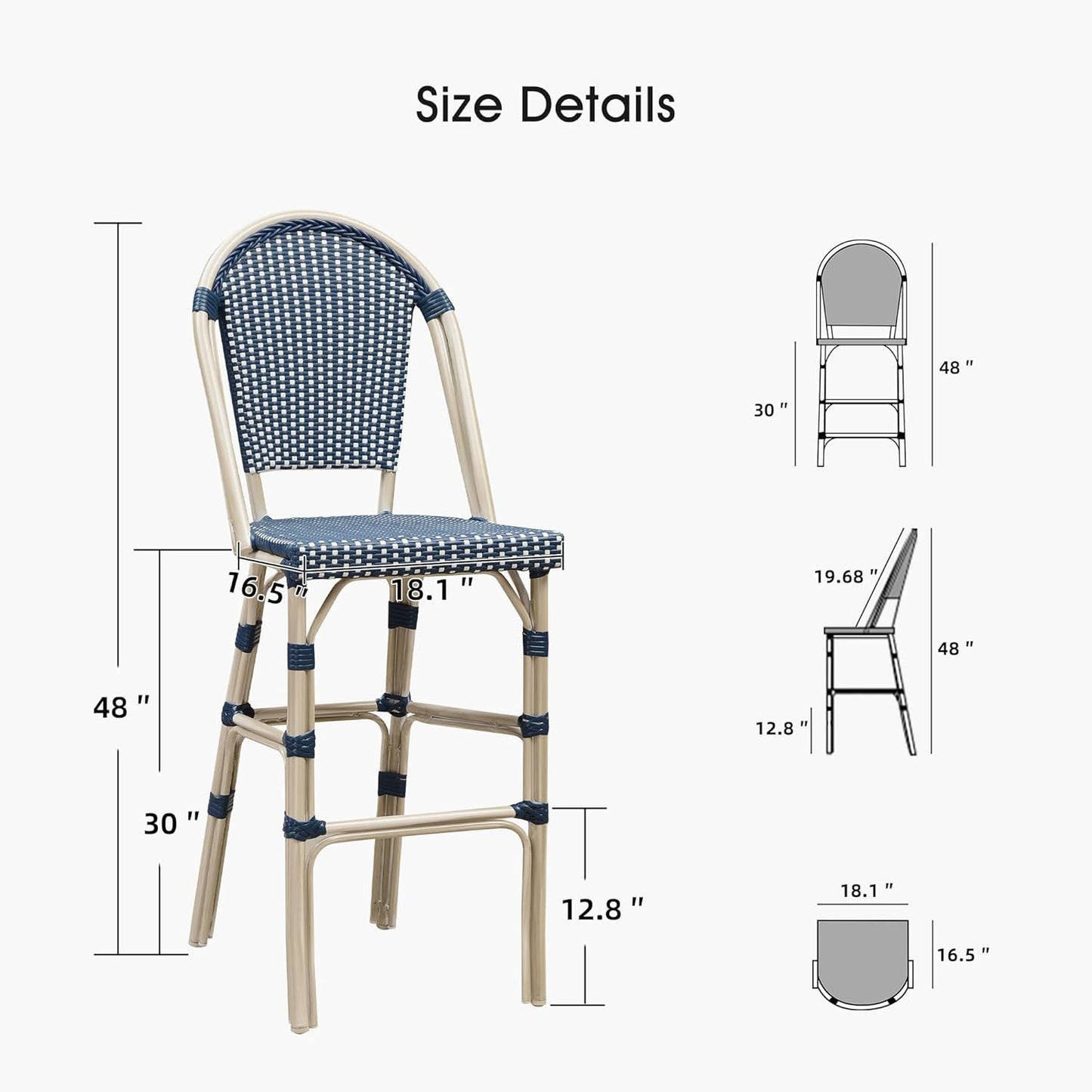 PURPLE LEAF French Bar Stool Set of 4 White Print Finish Patio Bar Stools with Back Rattan Bar Chairs Wicker Bar Height Stool 30" with Footrest Kitchen Island Stools Outdoor Barstool Royal Blue