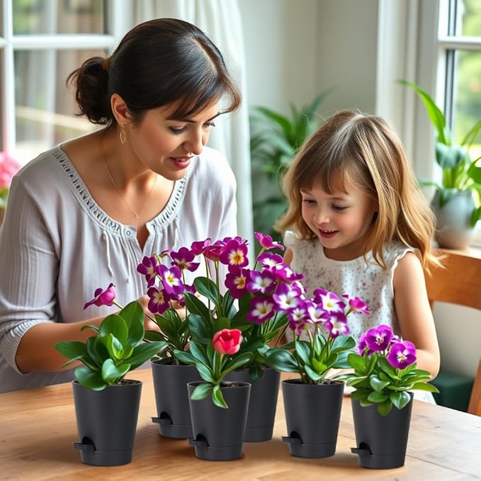 12 Pack 4 Inch Self Watering Plant Pots with Drainage and Saucers,Plastic Flower Pots for Indoor and Outdoor Plants, Nursery Planters for Houseplants and Herbs Black, 4 inch 12pcs