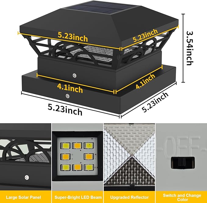 T-SUN Solar Powered Post Cap Lights Outdoor Waterproof for 4x4/5x5/6x6 Wooden/Vinyl Fences - Adjustable Warm/Cool White Modes for Deck, Mailbox, Garden, Porch, Patio, and Decorative Accents (6 Pack)
