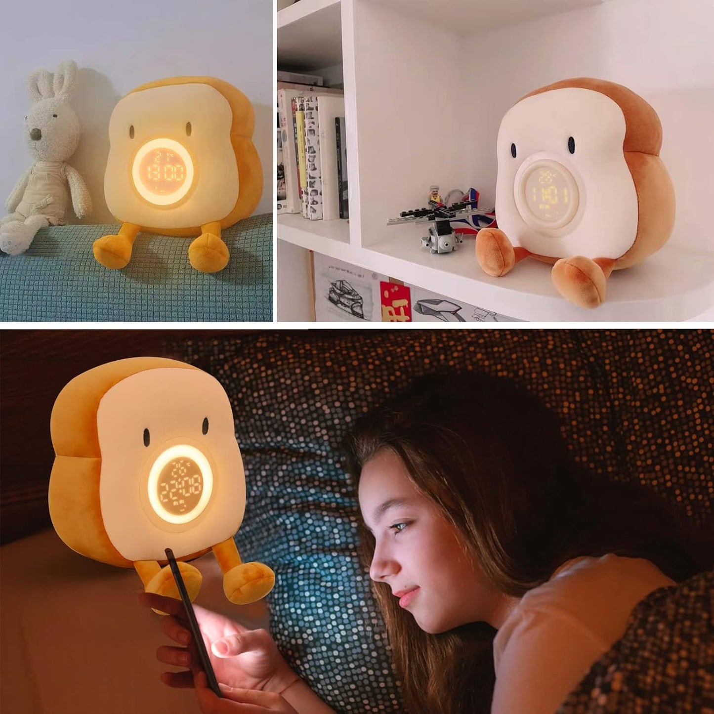 QANYI Plush Toy Night Light Alarm Clock for Kids, Multiin-one Cozy Toast Plushies Bed Clock with Dual Alarm and Snooze, Dimmable Bed Lamp Birthday Gifts Ideal for Children Teens Girls Boys Women