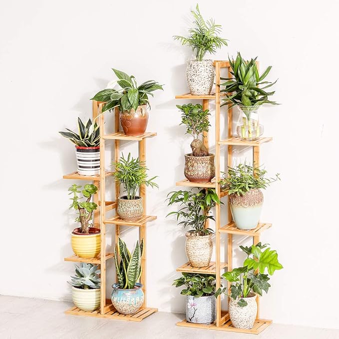Bamboo 5 Tier 6 Potted Plant Stand Rack Multiple Flower Pot Holder Shelf Indoor Outdoor Planter Display Shelving Unit for Patio Garden Corner Balcony Living Room