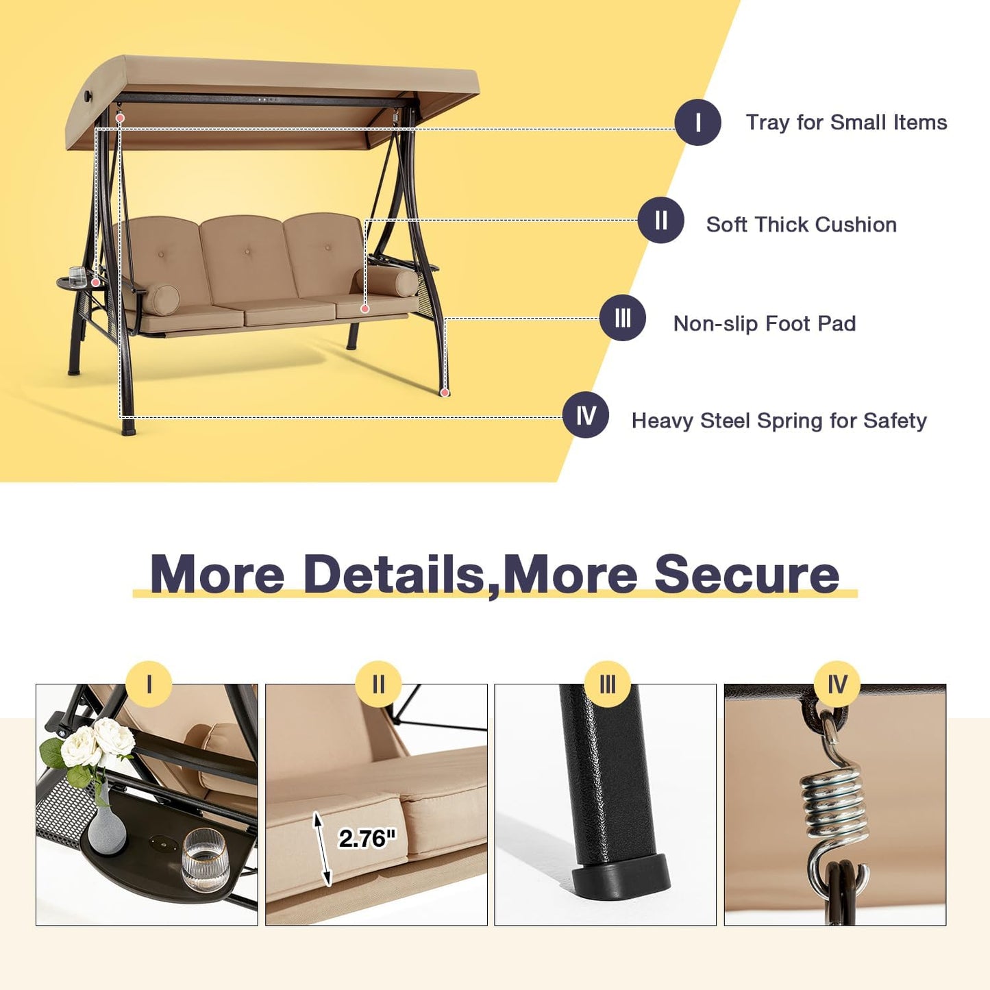 HOMREST 3 Person Outdoor Porch Swing with 1.5" Upgraded Cup Holder, Adjustable Canopy, Backrest, Patio Swing Bed with Weather Resistant Steel Frame, Cushions for Garden,Deck and Poolside(Brown)