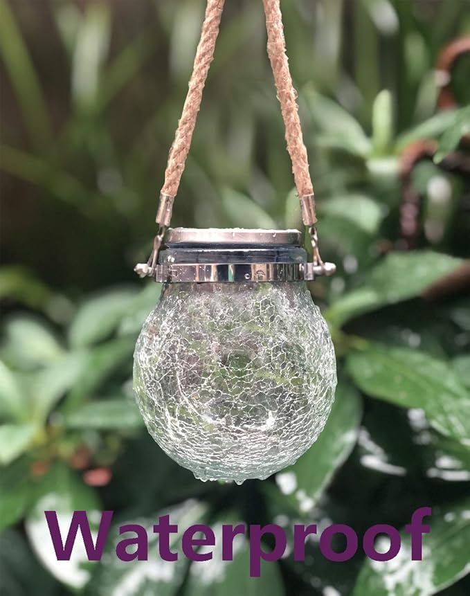 2 Pack Hanging Solar Powered LED Lights,Cracked Glass Ball Light, Waterproof Outdoor Christmas Decorative Lantern for Garden, Yard, Patio, Lawn(Warm White)