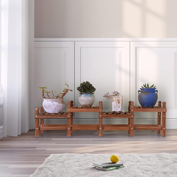 Wood Plant Stand Indoor Outdoor,4 Tiers Plant Stand Bench Indoor,Low Window Plant Shelf Small Long Flower Pot Stand for Multiple Plants (11.8"-44'')