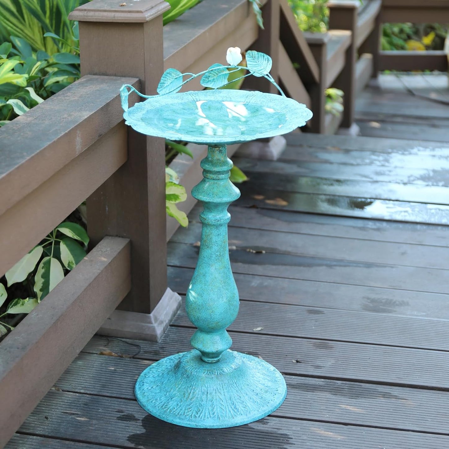 22" H Bird Baths for Oudoors, Antique Pedestal Bird Bath with Bird Statues Metal Birdbaths Bird Feeder Bowl Tray Garden Yard Decoration, Blue