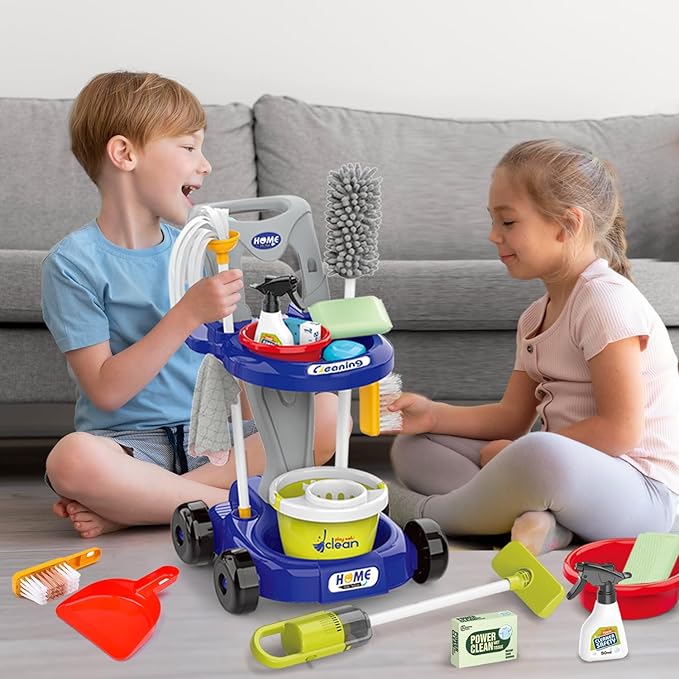Kids Cleaning Set for Toddlers Pretend Play Housekeeping Supplies Kits with Real Working Vacuum Cleaner, Broom, Spray Bottle, Dust Pan and More Role Play Educational Toys for Toddler Boys Girls (Blue)