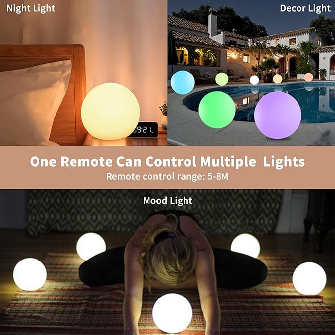 6-Inch LED Ball Light, Multi-Color Rechargeable Night Lights Waterproof Dimmable Mood Lamp with Remote for Home Garden Patio Party Bar Decors