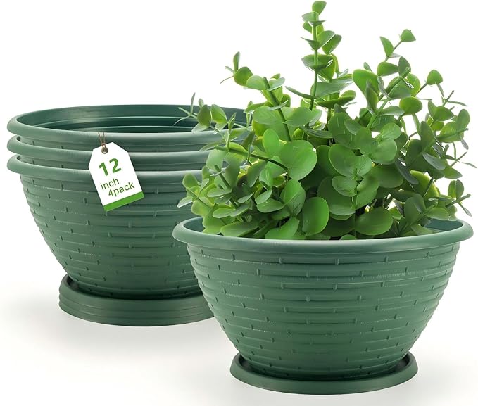 Quarut Large-Planter-Indoor-Outdoor Plant Pots, 12 inch 4 Pack Flower Pots with Saucer and Drainage Holes, Modern Planters for Planting Medium Large Plants,Decorative Resin Garden Pots(Green)