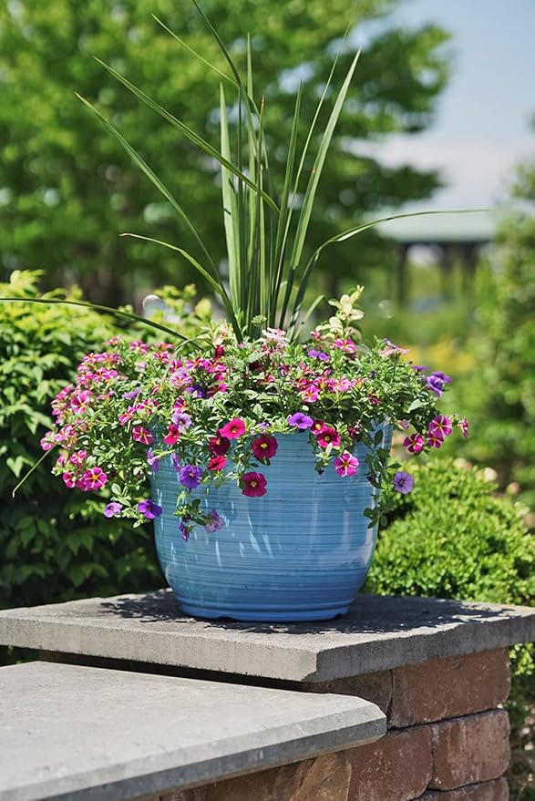 Garden Elements Indoor/Outdoor Glazed Brushed Happy Plastic Planter, Large, Bright Blue, 15" (Pack of 2)