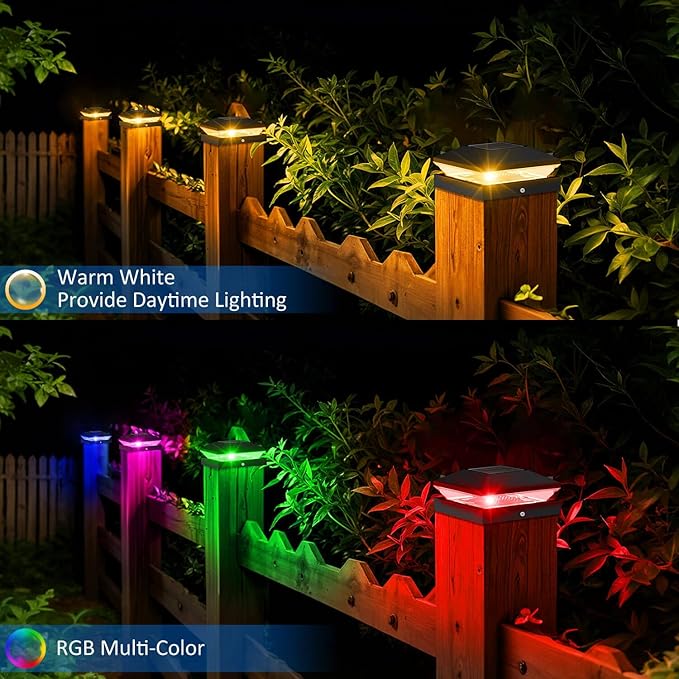 T-SUN Solar Post Cap Lights with Auto-Change Colors- for Wooden (4x4/6x6) & Vinyl (4x4/5x5) Posts | Weatherproof Outdoor Solar Fence Post Lights for Deck, Porch, Garden & Stairs(6-Pack,RGB)