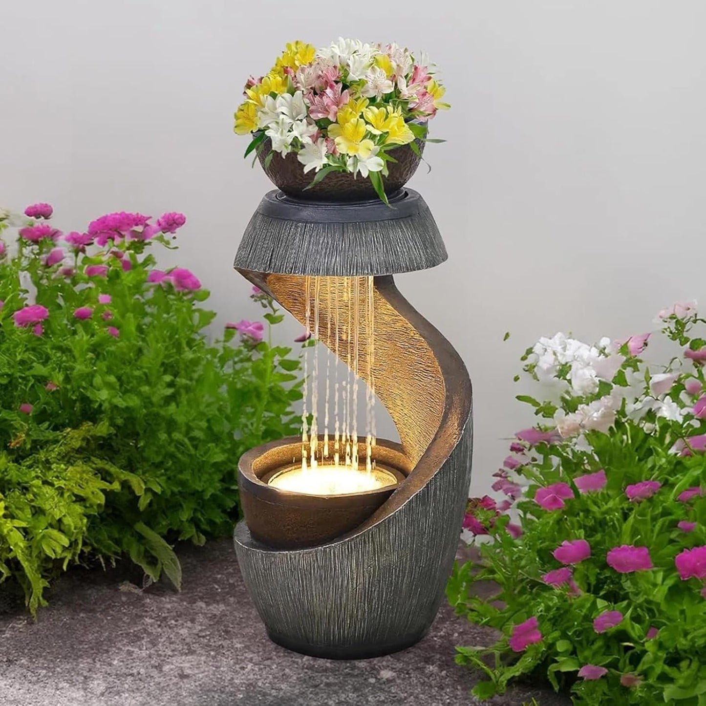 31.9" S-Shaped Water Outdoor Fountain–Modern Cascading Waterfall Feature with LED Lights & Planter Bowl, Garden Fountains Outdoor for Patio, Balcony, Yard or Home Decor, Resin Waterfall