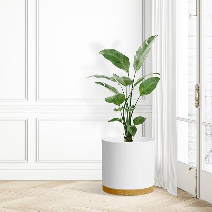 12 Inch Large Deep Plant Pots for Outdoor Indoor Plants, Cylinder Tall Flower Pots with Drainage Holes and Saucer, Big Decorative Plastic Planter Pots for Garden House Plants, White with Brown