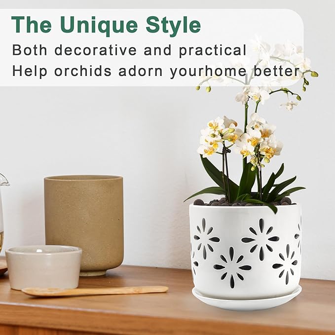 Orchid Pots with Holes, 5+6 Inch Orchid Pots with Drainage Holes and Tray, Effective Drainage and Ventilation to Assist New Plants or Repotting, Indoor/Outdoor Flower Pots -White
