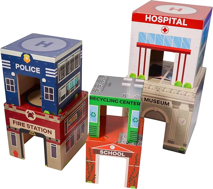 6 Wooden Stacking City Buildings - Nesting Community Helpers Building Boxes - Wood Sorting Cubes Town Play Set for Mats, Toy Cars and Trains - Educational Preschool Track Accessories Learning Toddler