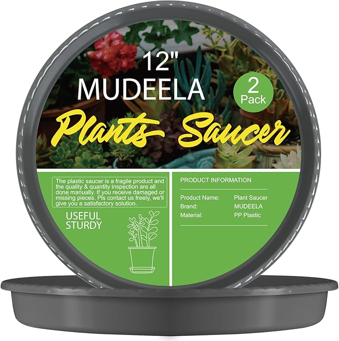 MUDEELA 2 Pack of 12 inch Plant Saucer, Durable Plastic Plant Trays for Indoors, Grey Plastic Flower Plant Pot Saucer, Made of Thicker, Stronger Plastic, with Taller Design